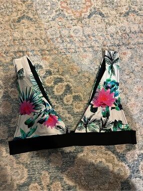 Rip Curl Floral Palm Print Bikini Top in White, Pink, Green, Black